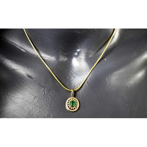 161 - An Italian 14ct gold necklace with gold, diamond and emerald set oval pendant, 12g.