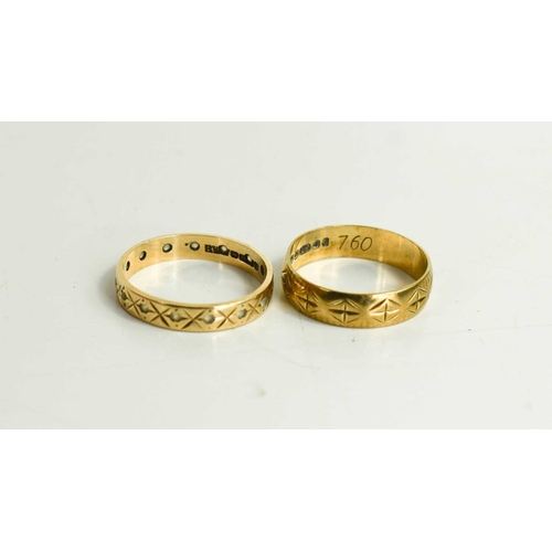 25 - A 9ct gold wedding band with engraved decoration, and a similar 9ct gold eternity ring, set with whi... 