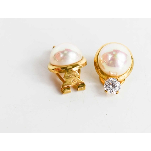 30 - A pair of 18ct gold, simulate pearl and cubic zircona clip on earrings, marked 750, 3.1g.