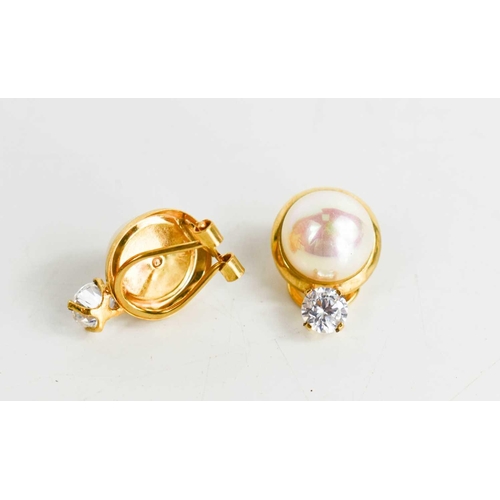 30 - A pair of 18ct gold, simulate pearl and cubic zircona clip on earrings, marked 750, 3.1g.