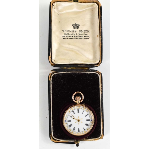 368 - A 9ct gold backed Continental, keyless wind, pocket watch, the white enamel dial with Roman numerals... 