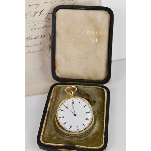 385 - A 19th century pocket watch, the white enamel dial with Roman numerals and minute track, with engine... 