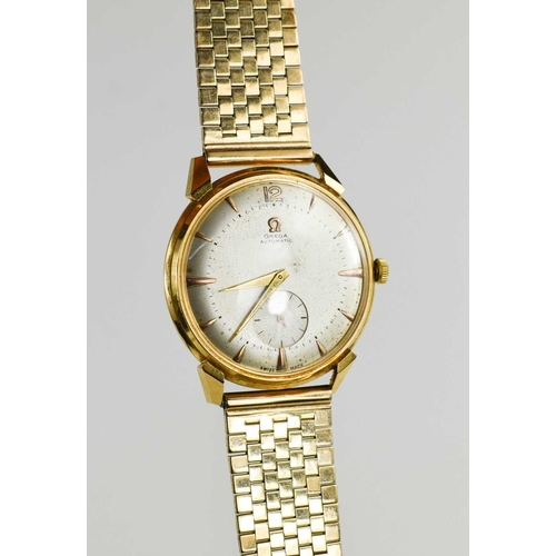 391 - An 18ct gold Omega automatic wristwatch, movement number 10974433, case stamped 750, with a silvered... 