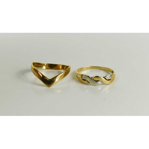 44 - A 9ct white and yellow gold cross over ring, size N, 1.82g, and a 9ct gold wishbone ring, size O, 1.... 