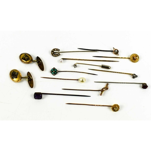 469 - A group of twelve stick stock pins including two 15ct gold Victorian examples, one set with a seed p... 