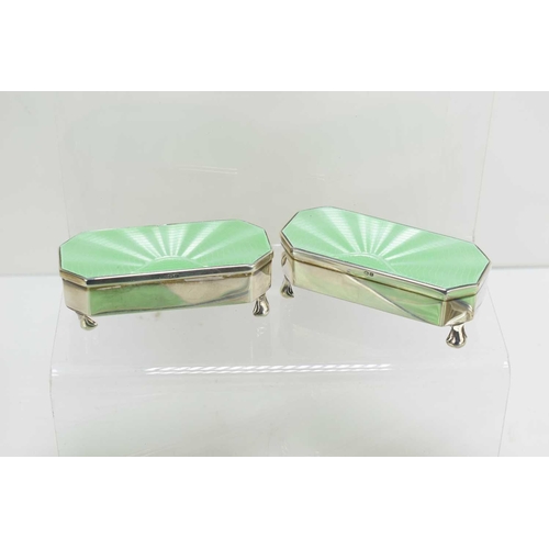 471 - A Mappin and Webb Art Deco silver and green guilloche enamel dresing table set comprising hand mirro... 