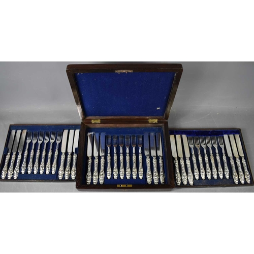 475 - A set of silver handled knives and forks by A. Hadfield, Sheffield 1860, the plated blades and fork ... 