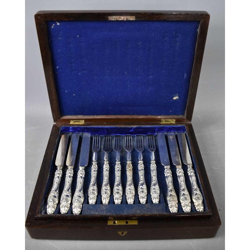 475 - A set of silver handled knives and forks by A. Hadfield, Sheffield 1860, the plated blades and fork ... 