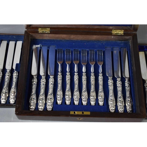 475 - A set of silver handled knives and forks by A. Hadfield, Sheffield 1860, the plated blades and fork ... 