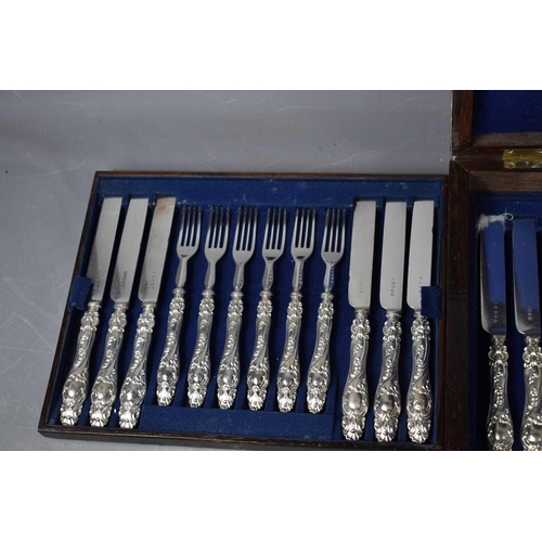 475 - A set of silver handled knives and forks by A. Hadfield, Sheffield 1860, the plated blades and fork ... 