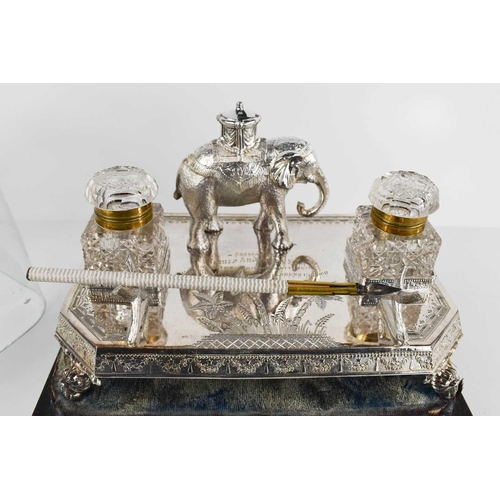 476 - A silver plated presentation desk stand by James Deakin & Son, Sheffield, complete with inkwells and... 