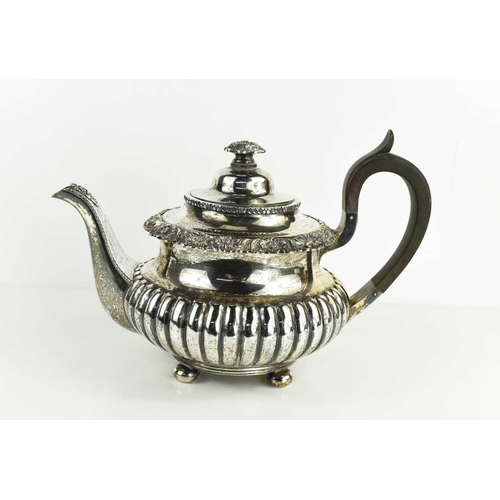 477 - A David Andersen 830 silver teapot, pattern number 2260, with gadrooned body, floral banded edge and... 