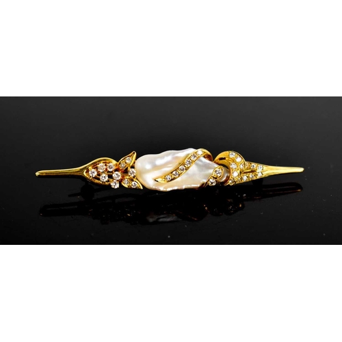 5 - An 18ct gold, pearl and diamond set brooch, the pearl set to the centre entwined with the gold folia... 