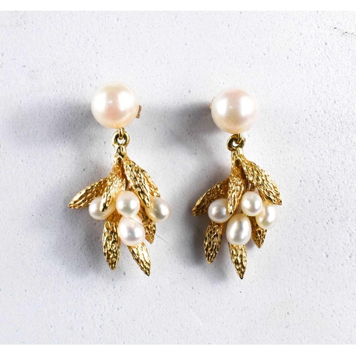 50 - A pair of 14ct gold and pearl drop earrings in the form of leaves and berries, 5.18g.