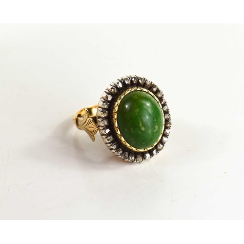 8 - A 19th century dress ring, set with oval green stone cabochon, 14.5 by 12mm, surrounded by twenty ei... 