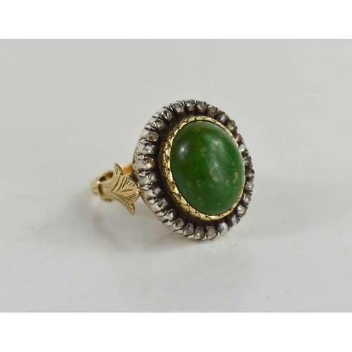 8 - A 19th century dress ring, set with oval green stone cabochon, 14.5 by 12mm, surrounded by twenty ei... 