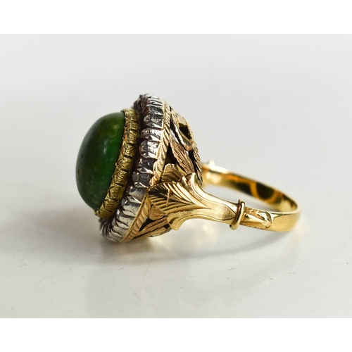 8 - A 19th century dress ring, set with oval green stone cabochon, 14.5 by 12mm, surrounded by twenty ei... 