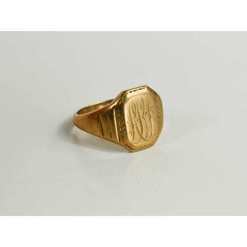 99 - A 9ct gold signet ring, bearing engraved monogram RBJ, size W, 8.55g.