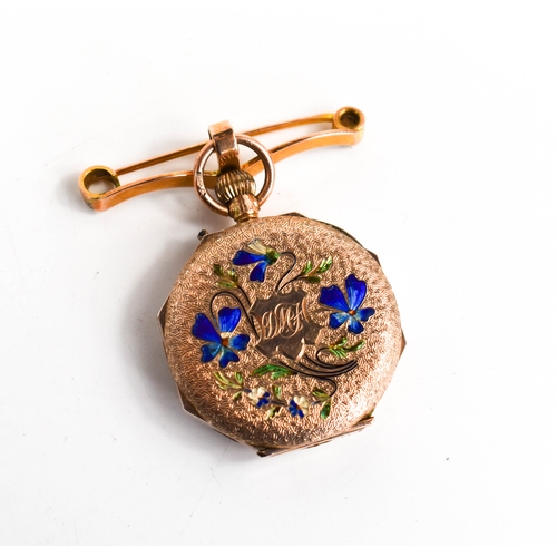 380 - A 9ct gold fob watch, the back enamelled with violas around a monogram engraved cartouche, etched di... 