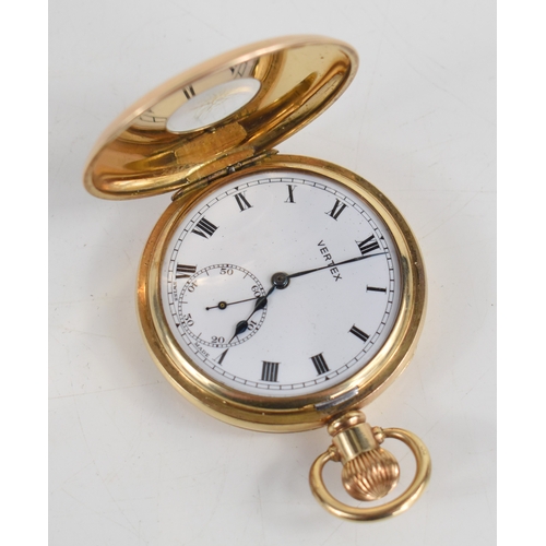 49a - A Vertex gold plated half hunter, keyless wind, pocket watch, the white enamel signed dial with Roma... 