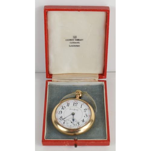 50a - An Illinois Bunn Co gold plated open faced pocket watch, the round white enamel dial with Arabic num... 