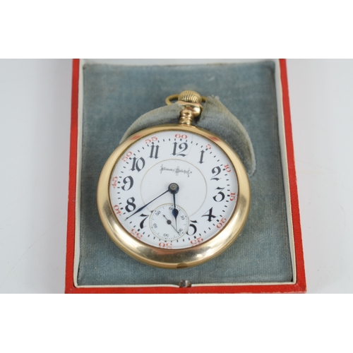 50a - An Illinois Bunn Co gold plated open faced pocket watch, the round white enamel dial with Arabic num... 