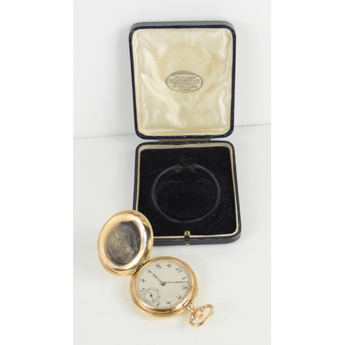 51a - A 19th century French full hunter pocket watch, 14k gold case, Arabic dial, subsidiary seconds dial,... 