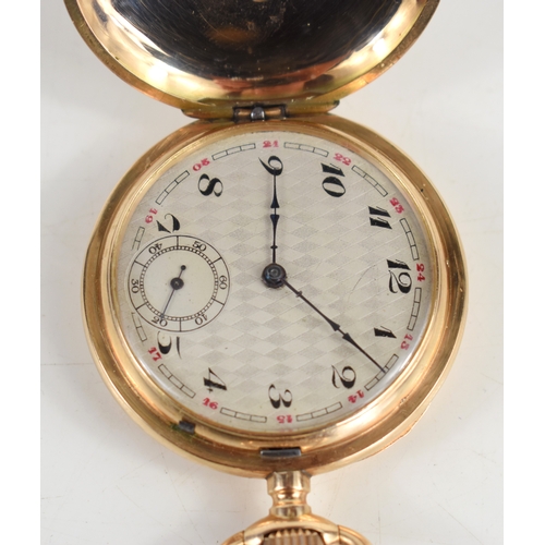 51a - A 19th century French full hunter pocket watch, 14k gold case, Arabic dial, subsidiary seconds dial,... 