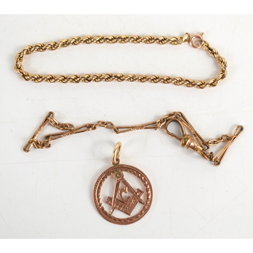 52a - A 9ct gold rope twist necklace together with 9ct gold Masonic pendant and gold chain a/f, 9.7g.