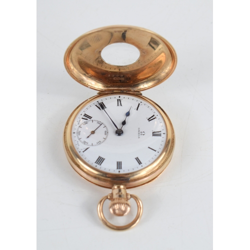 53a - A 9ct gold Omega half hunter, keyless side wind, gentleman's, pocket watch, the signed enamel dial w... 