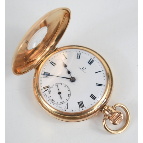 53a - A 9ct gold Omega half hunter, keyless side wind, gentleman's, pocket watch, the signed enamel dial w... 