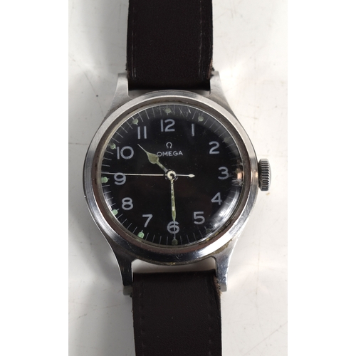 392A - A 1950s Omega Pilot's wristwatch, in, stainless steel case with black dial, Arabic numeral hours and... 