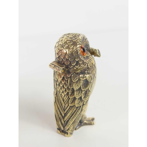 130 - A Tiffany & Co silver gilt novelty owl salt with amber glass eyes, and a hinged head, with the origi... 