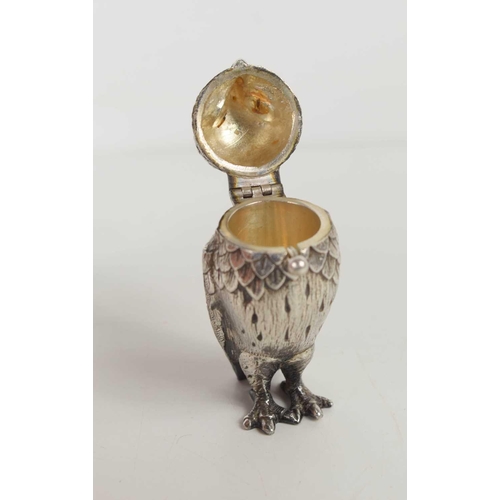 131 - A silver novelty salt in the form of an owl, with yellow glass eyes, and its original spoon, by Will... 