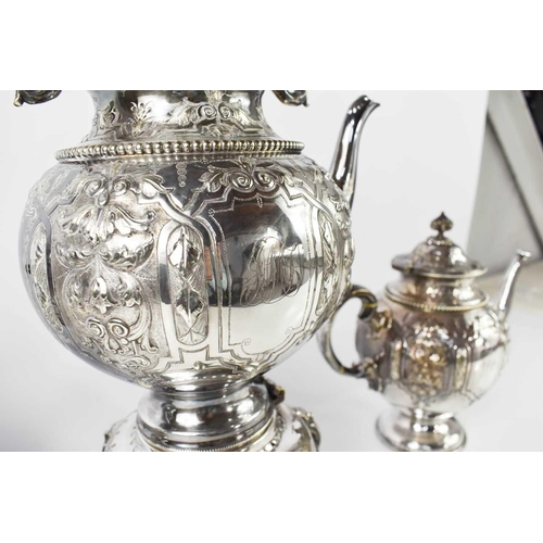 132 - A fine silver plated tea set comprising kettle on stand, tea pot and coffee pot, each engraved with ... 