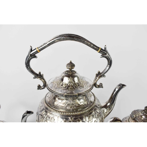 132 - A fine silver plated tea set comprising kettle on stand, tea pot and coffee pot, each engraved with ... 