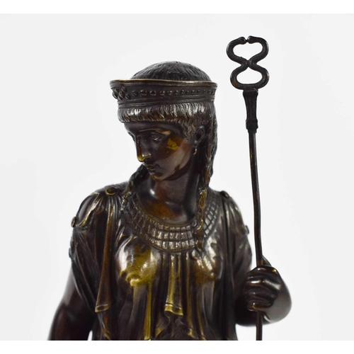 146 - Bouret (19th century): a pair of bronze figures; Egyptian and Greek female figures, holding staffs a... 