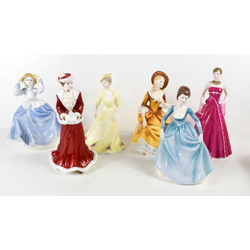 186 - Six porcelain ladies: Coalport Clare, Louise, Stephanie and Merry Christmas, Royal Doulton Happy Bir... 