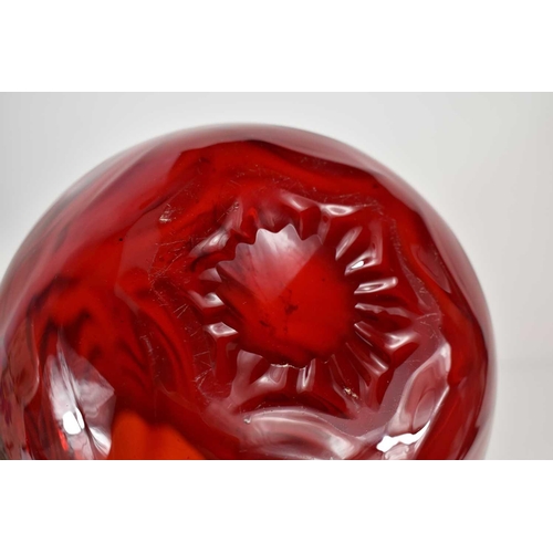 201 - A Whitefriars ruby red glass vase with waved ribbed pattern, 30cm high.