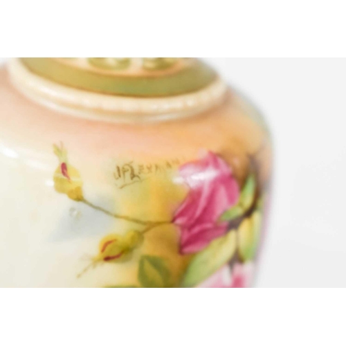 224 - A pair of Royal Worcester vases, circa 1818, well painted with roses, the shaped vases with narrow n... 