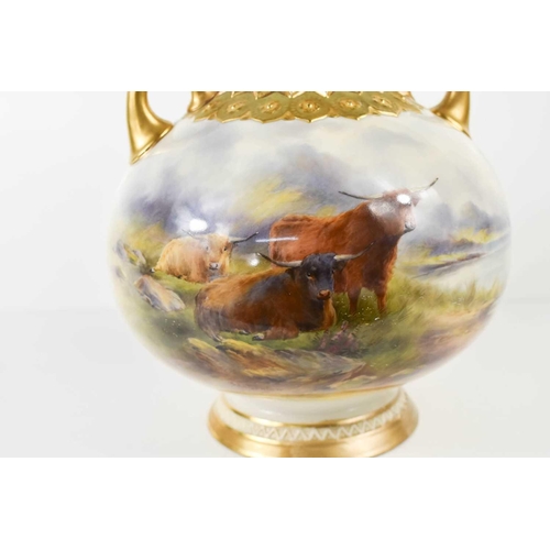 229 - A Royal Worcester vase, finely painted with highland cattle in a landscape, and a loch scene, puce m... 