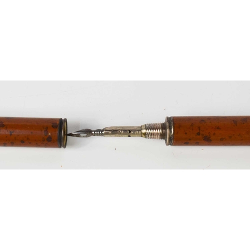 252 - A 19th century three part walking cane, the sections being in holder top, pencil and ink pen, concea... 