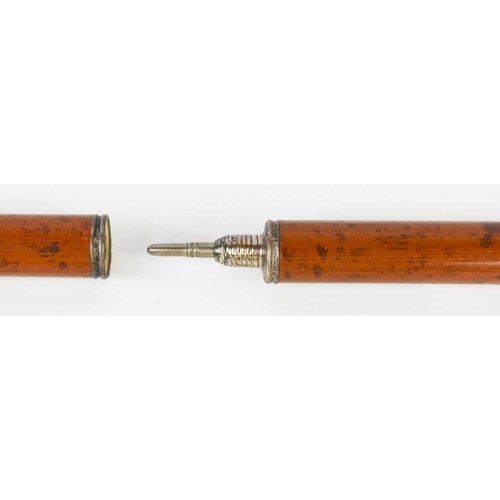 252 - A 19th century three part walking cane, the sections being in holder top, pencil and ink pen, concea... 