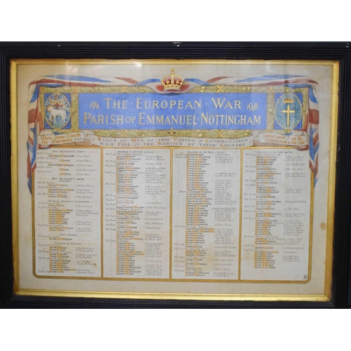 58 - The European War hand painted list of the Parish of Emmanuel, Nottingham, to include Names of Men of... 