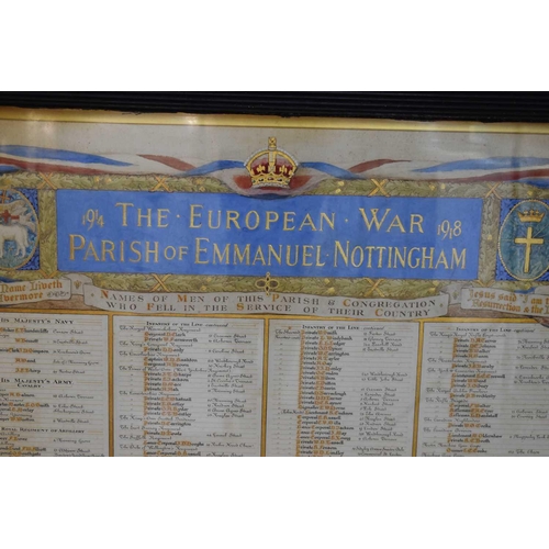 58 - The European War hand painted list of the Parish of Emmanuel, Nottingham, to include Names of Men of... 