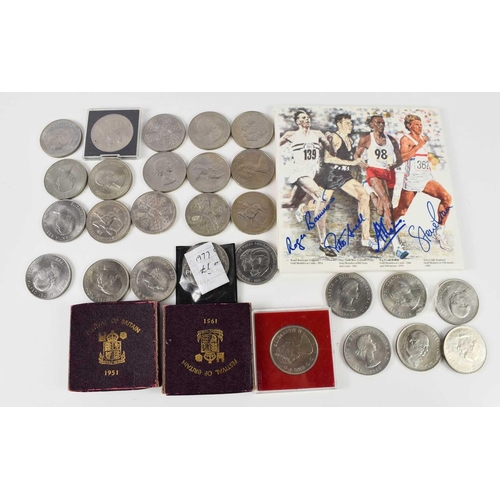 67 - A group of commemorative coins, including two Festival of Britain 1951 crowns, boxed, ten Churchill ... 