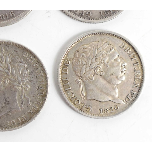 73 - Six George III and George IV silver shillings dated 1816 x2, 1817 x2 1820 and 1824.