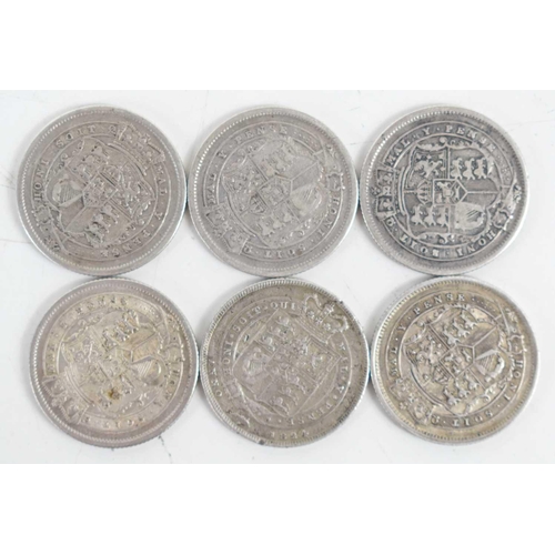 73 - Six George III and George IV silver shillings dated 1816 x2, 1817 x2 1820 and 1824.