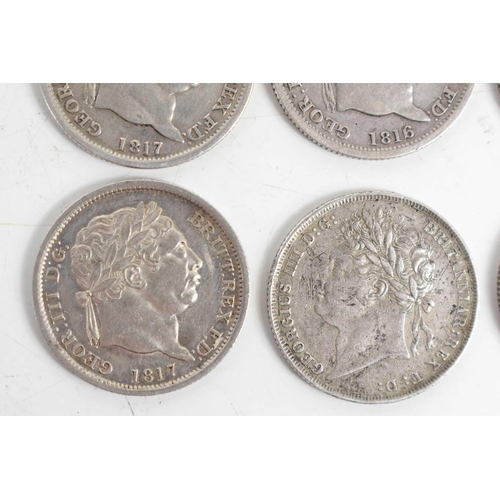 73 - Six George III and George IV silver shillings dated 1816 x2, 1817 x2 1820 and 1824.