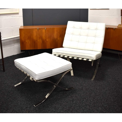 169a - A chrome plated Barcelona chair and footstool, with white leather and buttoned seat on X shaped end ... 